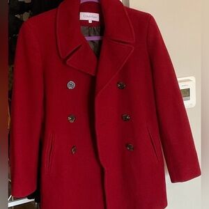 Calvin Klein Red Double-Breasted Pea Coat
